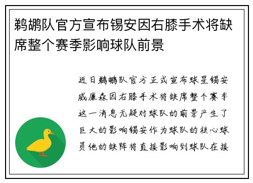 鹈鹕队官方宣布锡安因右膝手术将缺席整个赛季影响球队前景