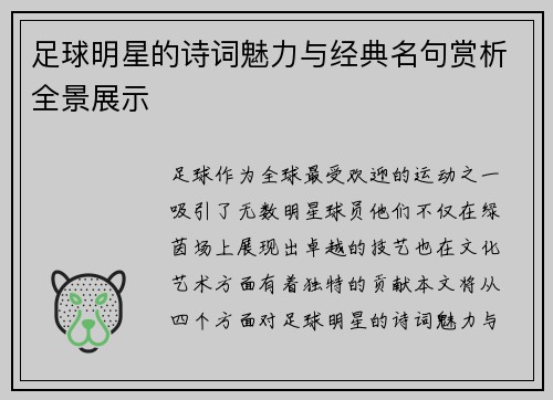 足球明星的诗词魅力与经典名句赏析全景展示